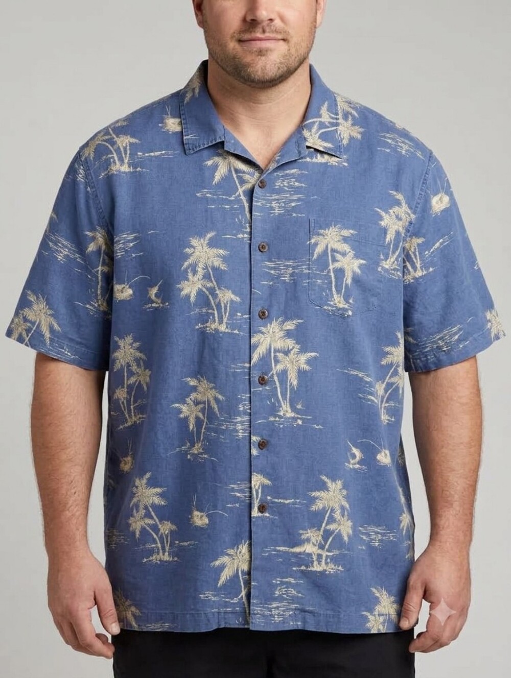 L.L. Bean Navy and Cream Palm-Print Short Sleeve Camp Shirt